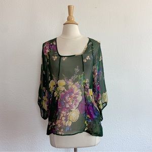 Green Sheer 100% Silk Floral Blouse